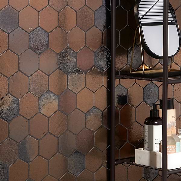 Magma Hexagon Bronze 3" Polished Lava Stone Mosaic Tile