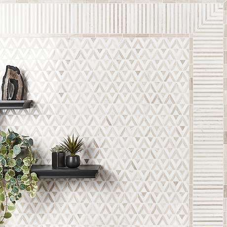 Monroe Triangle Asian Statuary and Wooden Beige Marble Mosaic Tile
