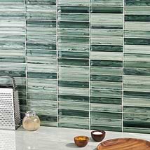 Maya Stacked Sage Green 1x5 Polished Glass Mosaic Tile