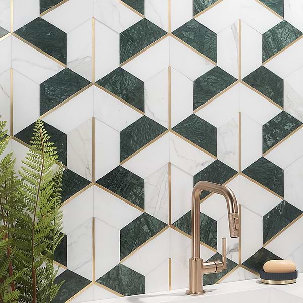 Decade Verde Polished Marble and Brass Mosaic Tile