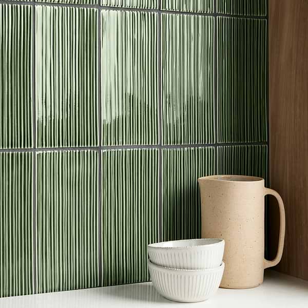 Nabi Subway Fern Green 4.5x9 Fluted Ridged Crackled Glossy Glass Tile