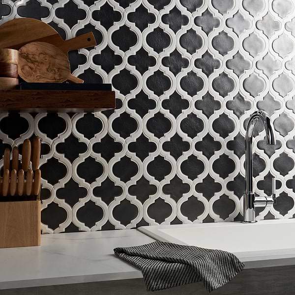 Nabi Arabesque Gunmetal Gray 4" Mixed Finish Glass & Marble Mosaic Tile