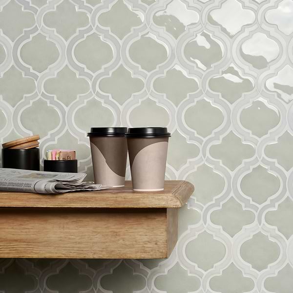 Nabi Arabesque Tundra Gray 4" Crackled Mixed Finish Glass & Marble Mosaic Tile