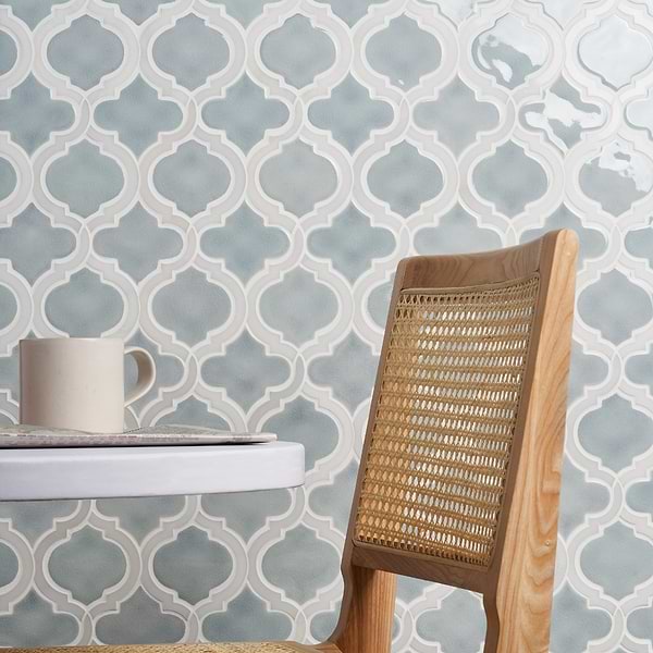 Nabi Arabesque Arctic Blue 4" Crackled Mixed Finish Glass & Marble Mosaic Tile