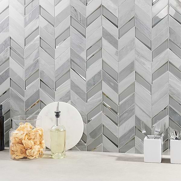 Kasol Dove Gray 2x4 Marble and Mirrored Glass Polished Mosaic Tile