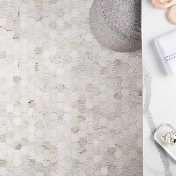 Alaska White 2" Hexagon Polished Marble Mosaic Tile