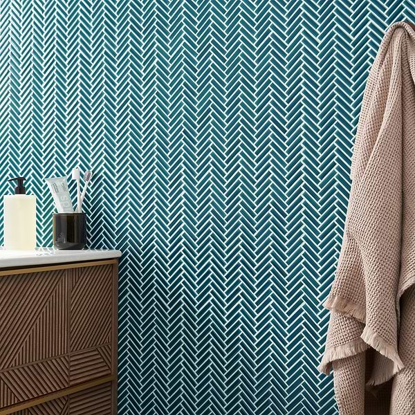 Kai Teal 1x2" Herringbone Crackled Glossy Porcelain Mosaic Tile