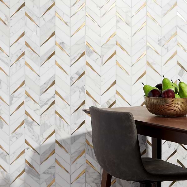 Vara Calacatta Polished Marble and Brass Mosaic Tile