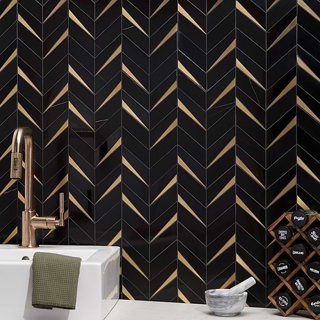 Sample-Vara Nero Polished Marble and Brass Mosaic Tile