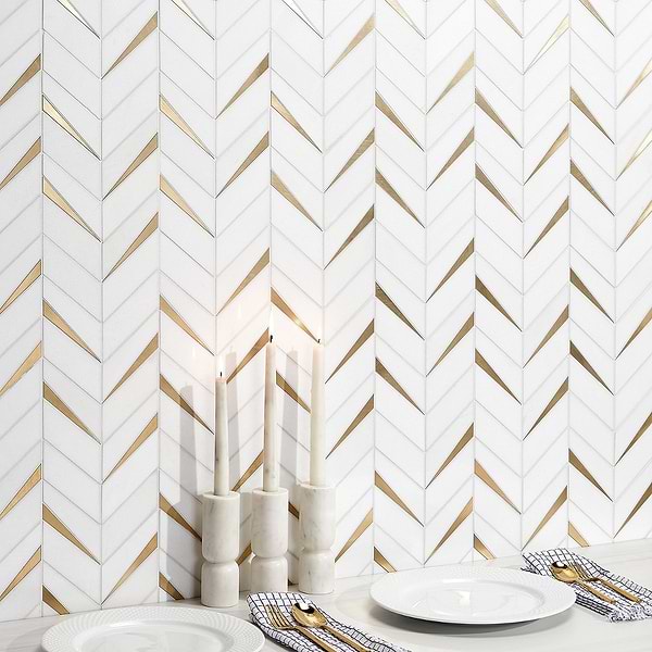 Vara Thassos Polished Marble and Brass Mosaic Tile