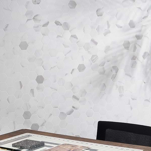 Calacatta White 2" Hexagon Peel & Stick Self Adhesive Marble Look Matte Mosaic Wall Tile
