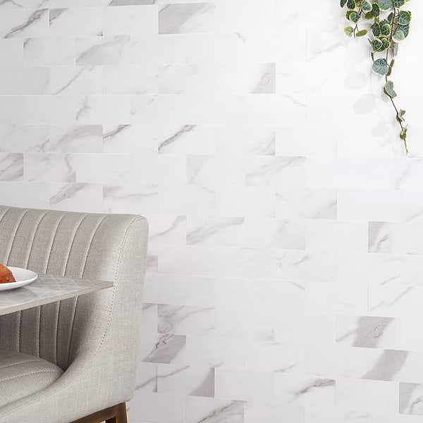 Calacatta LPS White 3x6 Brick Seamless Solid Core Peel & Stick Self Adhesive Marble Look Matte Tile