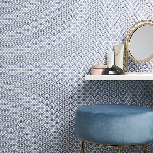 Eden Cloudy Sky Blue Rimmed 1" Penny Round Polished Porcelain Mosaic