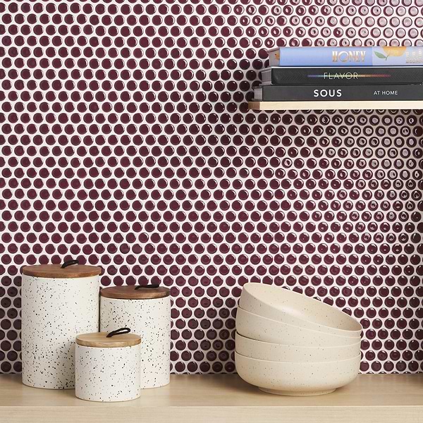 Eden Summer Plum Purple 1" Penny Round Polished Rimmed Porcelain Mosaic