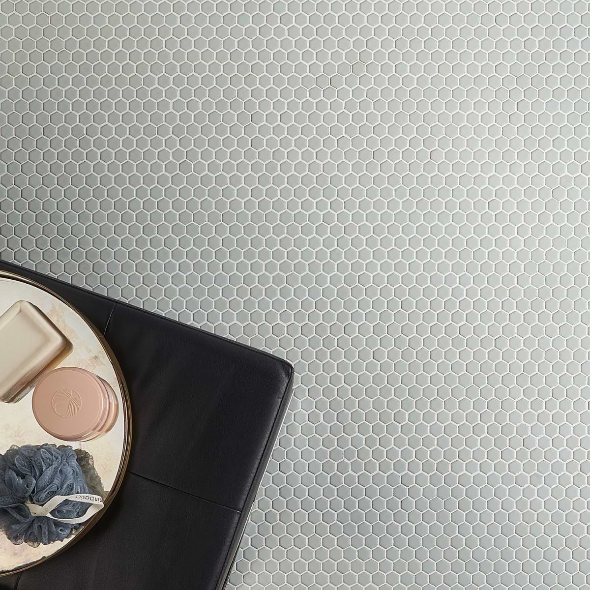 Eden Antiguan Sky Gray 1" Rimmed Hexagon Polished Porcelain Mosaic; in Gray Porcelain; for Backsplash, Bathroom Floor, Bathroom Wall, Commercial Floor, Floor Tile, Kitchen Floor, Kitchen Wall, Outdoor Wall, Shower Floor, Shower Wall, Wall Tile; in Style Ideas Classic, Contemporary, Mid Century