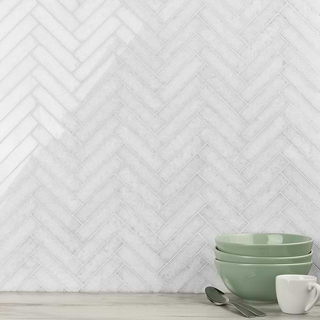Snow White 1x4 Herringbone Polished Marble Mosaic
