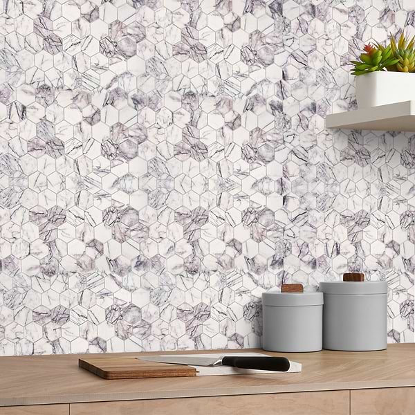 Lilac White 3" Hexagon Honed Marble Mosaic