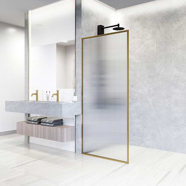 Finestra 34x74" Reversible Fixed Shower Door with Fluted Glass in Brushed Gold