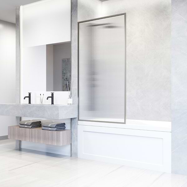 Finestra 34x62" Reversible Fixed Bathtub Door with Fluted Glass in Stainless Steel