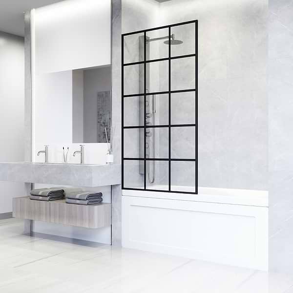 Finestra 34x62" Reversible Fixed Bathtub Door with Grid Clear Glass in Matte Black