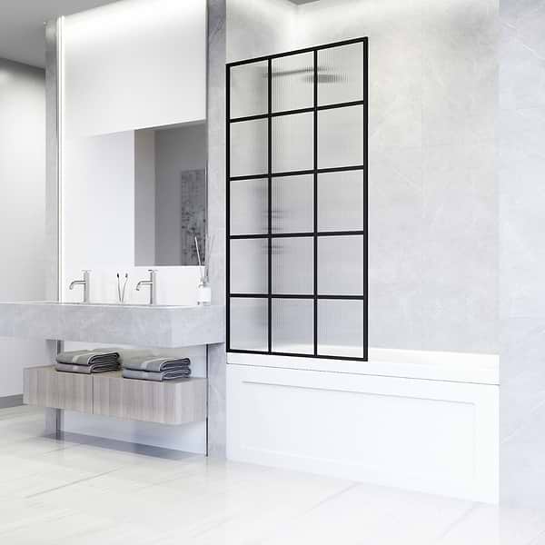 Finestra 34x62" Reversible Fixed Bathtub Door with Grid Fluted Glass in Matte Black