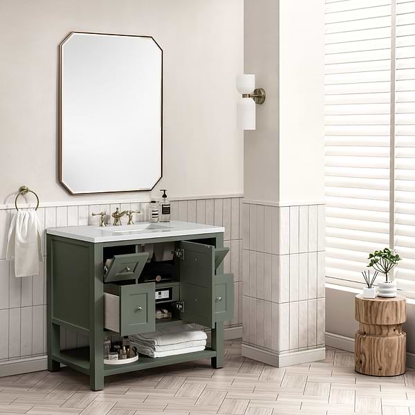 James Martin Vanities Breckenridge Smokey Celadon 36" Single Vanity with White Zeus Quartz Top