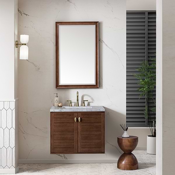 James Martin Vanities Amberly Mid-Century Walnut 30" Single Vanity with Carrara Marble Top