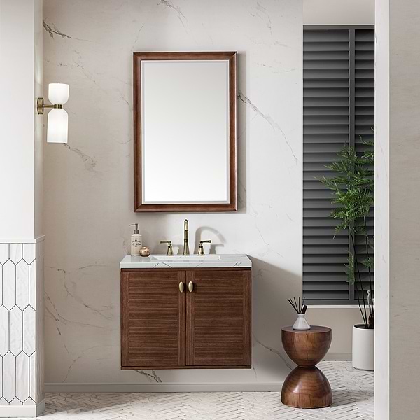 James Martin Vanities Amberly Mid-Century Walnut 30" Single Vanity with Ethereal Noctis Quartz Top