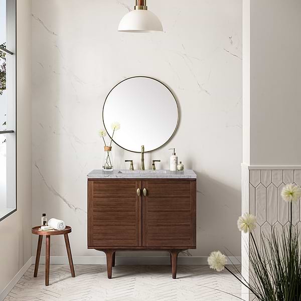 James Martin Vanities Amberly Mid-Century Walnut 36" Single Vanity with Eternal Jasmine Pearl Top