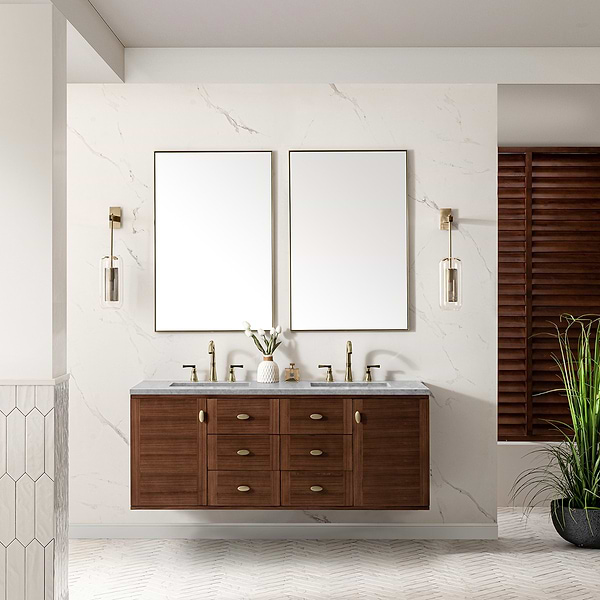 James Martin Vanities Amberly Mid-Century Walnut 60" Double Vanity with Carrara Marble Top