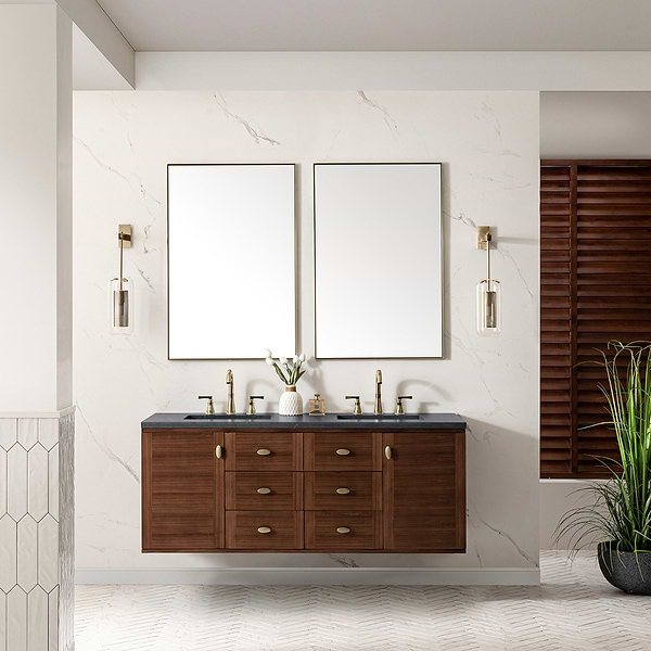 James Martin Vanities Amberly Mid-Century Walnut 60" Double Vanity with Charcoal Soapstone Quartz Top