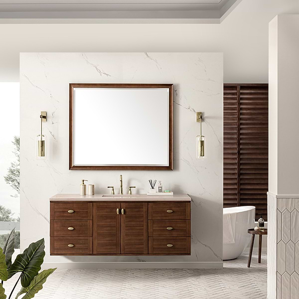 James Martin Vanities Amberly Mid-Century Walnut 60" Single Vanity with Eternal Marfil Quartz Top