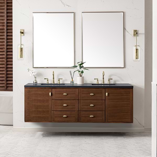 James Martin Vanities Amberly Mid-Century Walnut 72" Double Vanity with Charcoal Soapstone Quartz Top