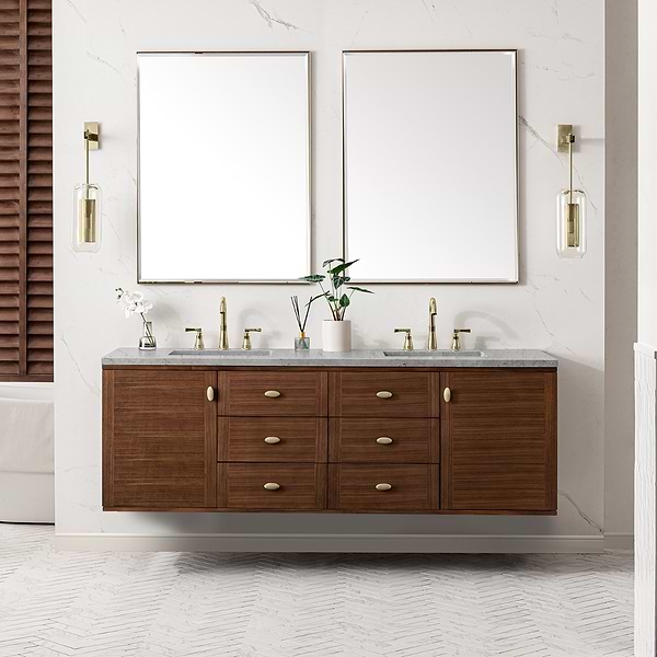 James Martin Vanities Amberly Mid-Century Walnut 72" Double Vanity with Eternal Jasmine Pearl Top