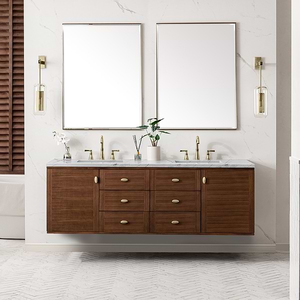 James Martin Vanities Amberly Mid-Century Walnut 72" Double Vanity with Ethereal Noctis Quartz Top