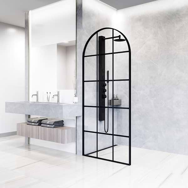 Burke 34x78" Reversible Framed Shower Screen with Grid Glass in Matte Black