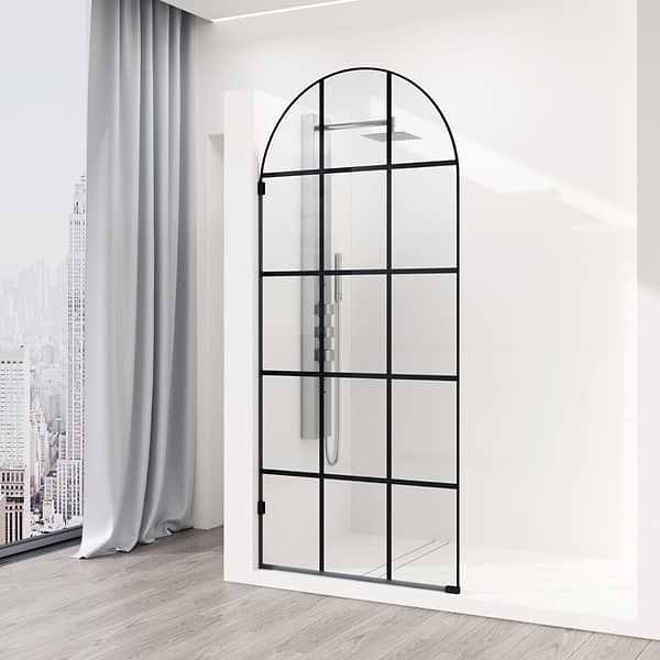 Burke 34x78" Reversible Semi-frameless Shower Screen with Grid Glass in Matte Black
