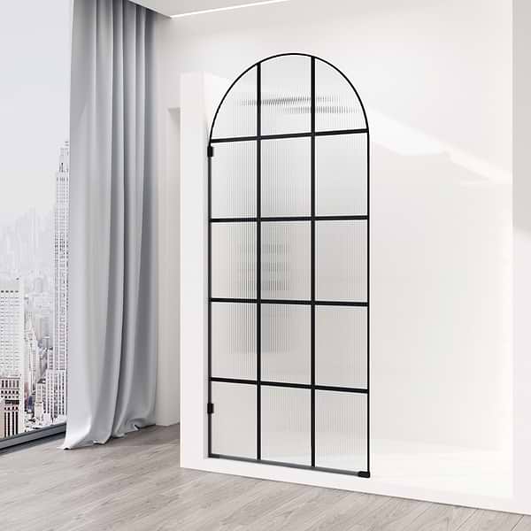 Burke 34x78" Reversible Semi-Frameless Shower Screen with Fluted Grid Glass in Matte Black
