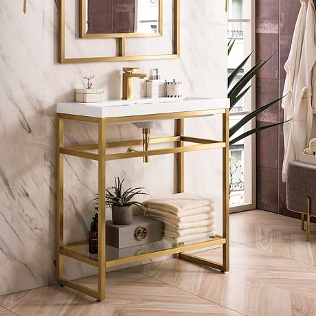 James Martin Vanities Boston Radiant Gold 32" Freestanding Vanity with White Integrated Top