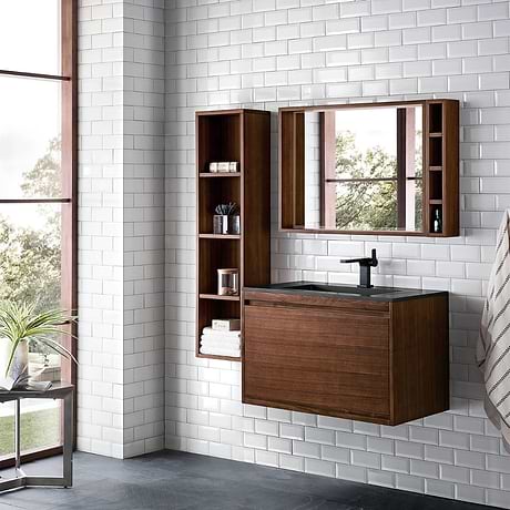 James Martin Vanities Mantova Mid-Century Walnut 32" Floating Vanity with Charcoal Black Integrated Top