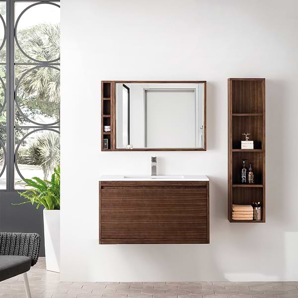 James Martin Vanities Mantova Mid-Century Walnut 36" Floating Vanity with Glossy White Integrated Top