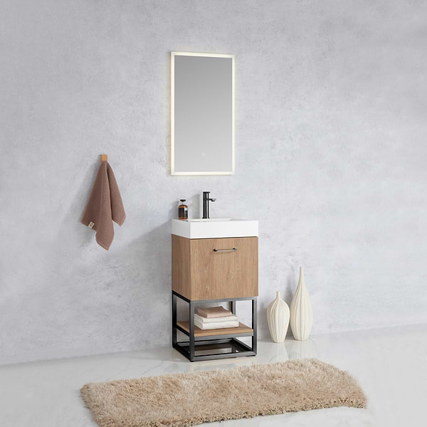Ithica White Oak 18" Single Vanity and Black Hardware with White Intergrated Top