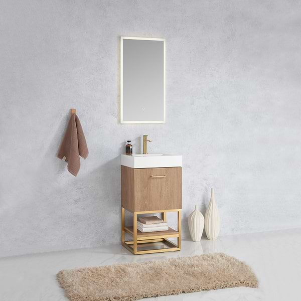 Ithica White Oak 18" Single Vanity and Gold Hardware with White Intergrated Top