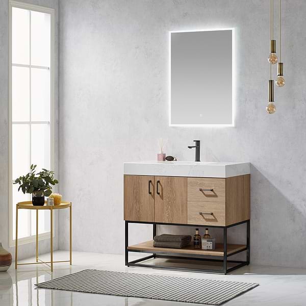 Ithica White Oak 36" Single Vanity and Black Hardware with Atlantic Stone Top