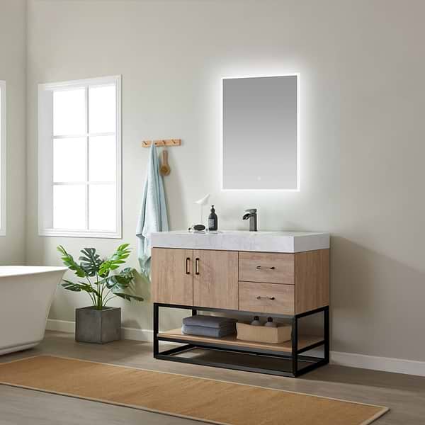 Ithica White Oak 42" Single Vanity and Black Hardware with Atlantic Stone Top