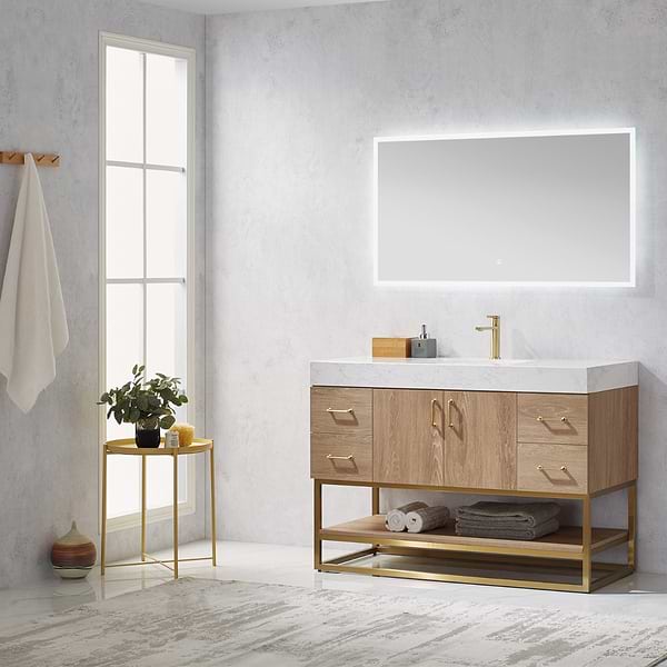 Ithica White Oak 48" Single Vanity and Gold Hardware with Atlantic Stone Top