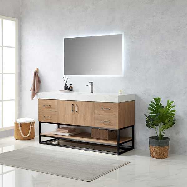 Ithica White Oak 60" Single Vanity and Black Hardware with Atlantic Stone Top
