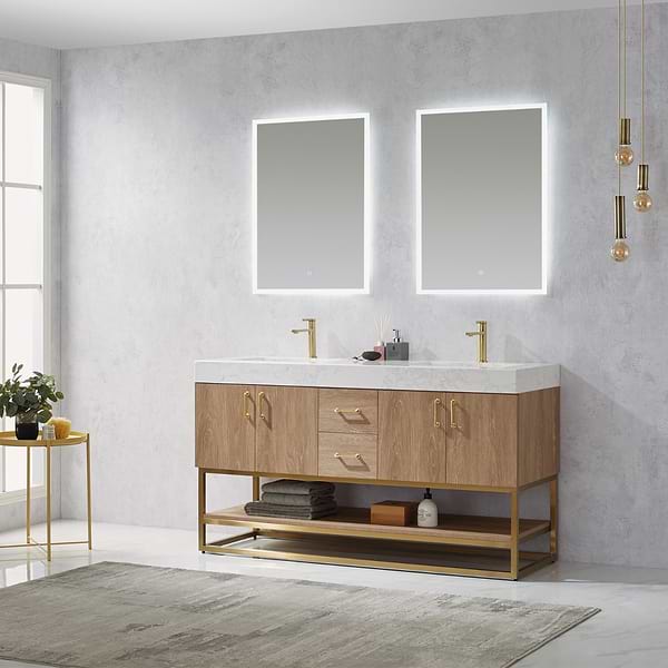 Ithica White Oak 60" Double Vanity and Gold Hardware with Atlantic Stone Top