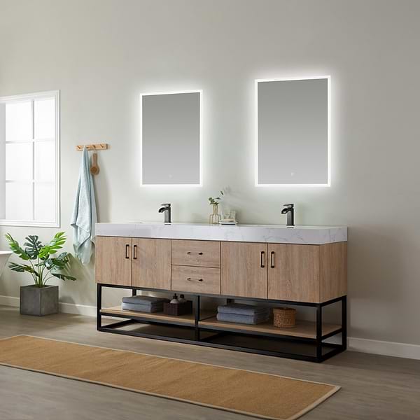 Ithica White Oak 72" Double Vanity and Black Hardware with Atlantic Stone Top