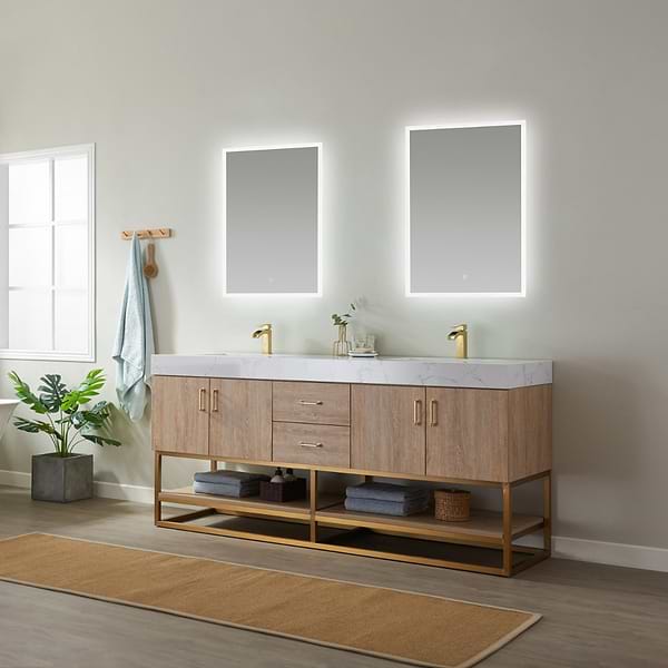 Ithica White Oak 72" Double Vanity and Gold Hardware with Atlantic Stone Top